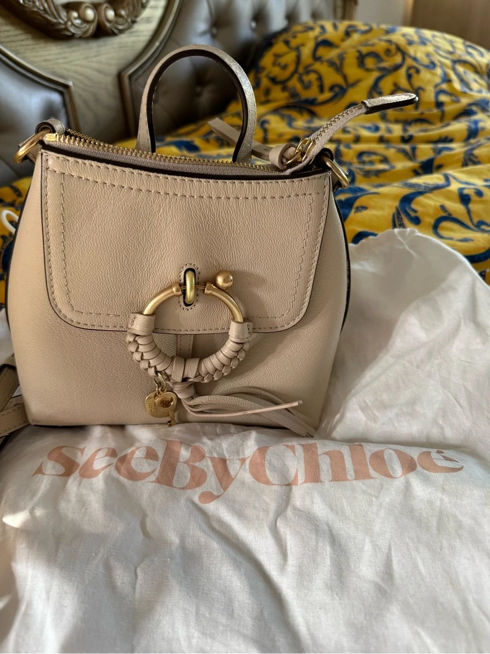 Chloe designer Cream Leather Crossbody Bag with Gold Ring Detail